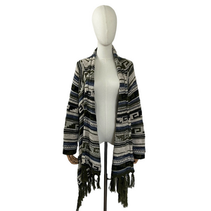 J. Jill Open Cardigan Sweater Wool Blend Fringe Hem Cream Blue Green Large